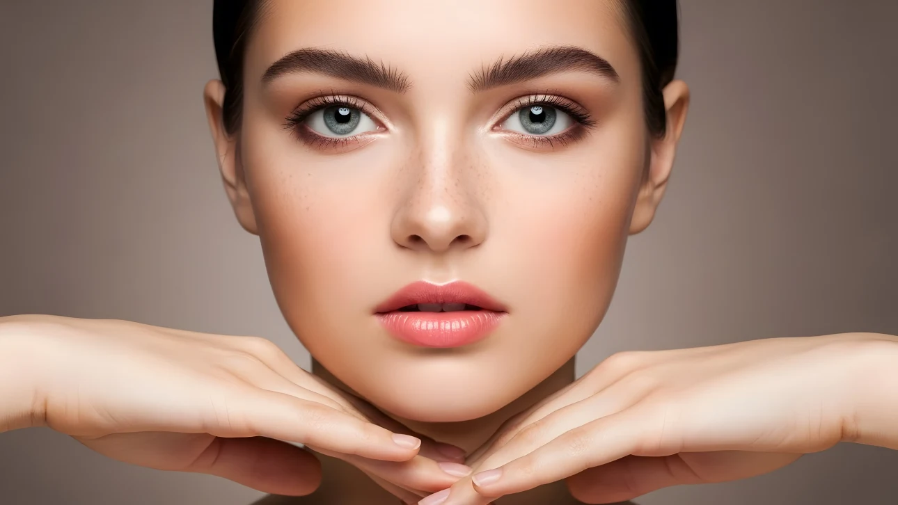 Elevate your project with this close-up of a woman's face featuring delicate freckles and soft lighting. Perfect for high-end beauty and skincare campaigns.