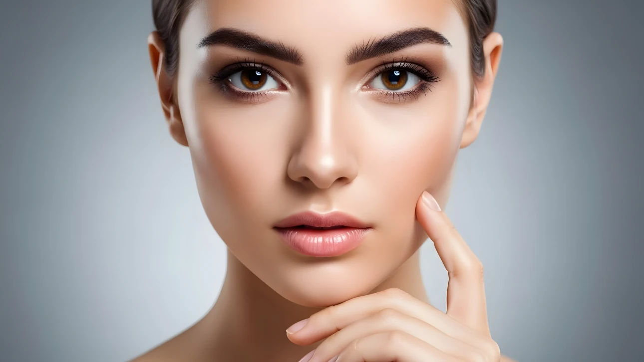 Elevate your designs with this portrait of a woman showcasing perfect skin and makeup. Ideal for beauty campaigns and high-fashion editorials.