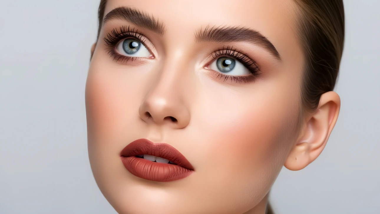 Showcase refined beauty with this close-up of a woman's face, highlighting her striking blue eyes and elegant makeup. Perfect for beauty and cosmetic campaigns.