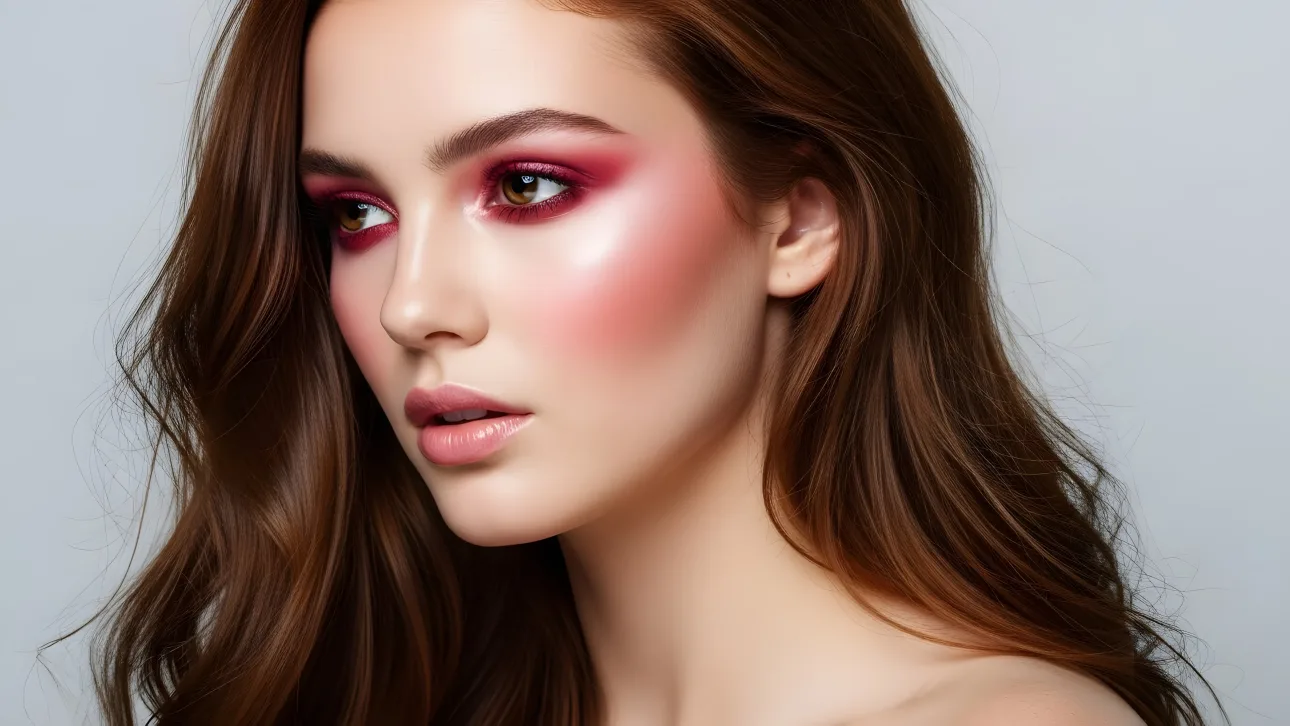 Elevate your beauty projects with this stunning portrait featuring vibrant pink makeup and flowing auburn hair. Perfect for high-fashion editorials.