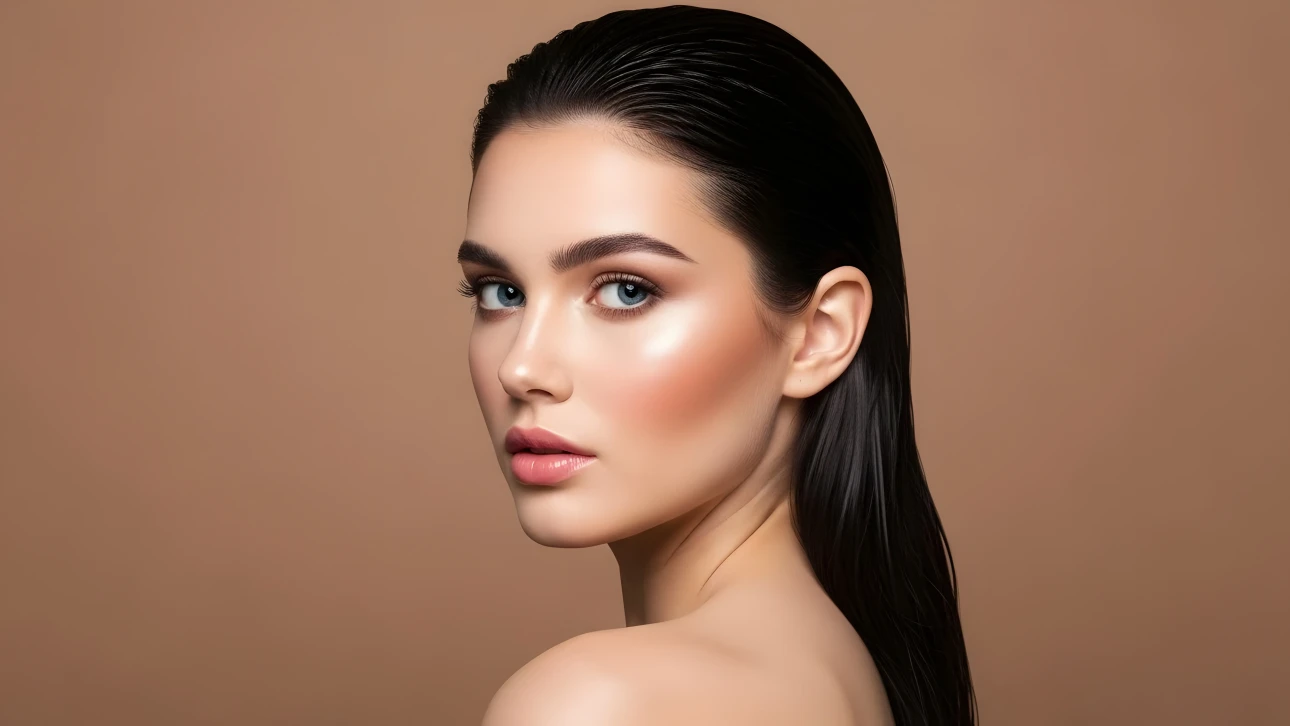 Elevate your beauty projects with this stunning portrait featuring flawless makeup and sleek, glossy hair. Perfect for high-end cosmetic campaigns.