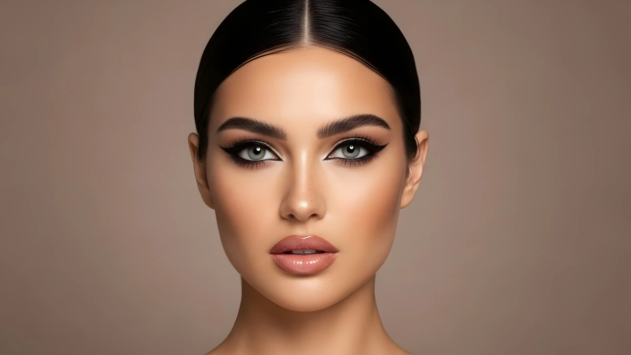 Elevate your designs with this portrait of a woman featuring flawless makeup, ideal for beauty campaigns and high-fashion editorials. Ready for sophisticated branding.