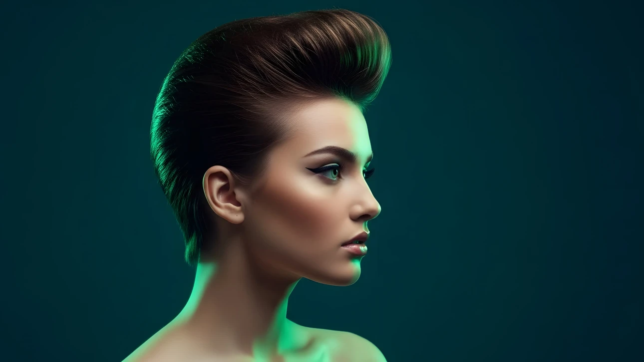 Elevate your designs with this striking woman featuring a retro hairstyle in teal lighting. Perfect for high-fashion editorials and beauty campaigns.