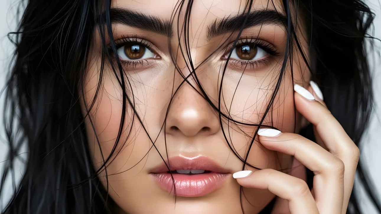 Enhance your project with this striking image of a woman's face, featuring wet hair and glossy lips. Perfect for high-fashion editorials and beauty campaigns.