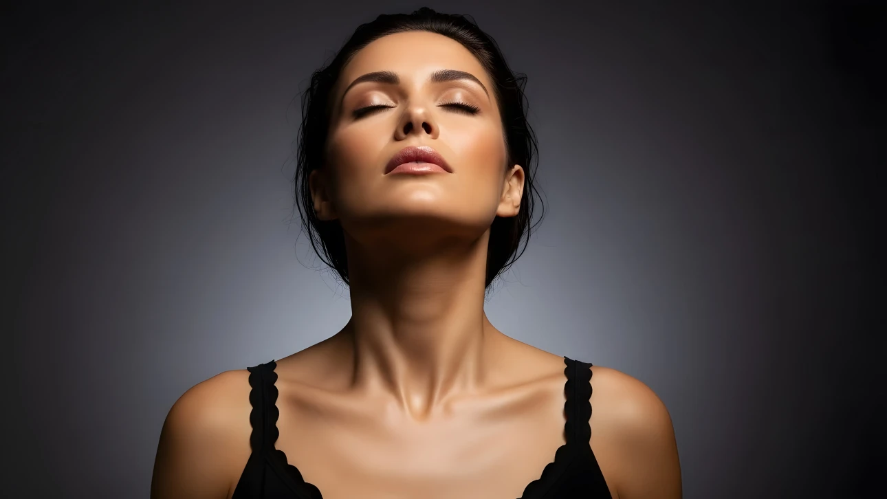 Elevate your project with this portrait of a serene woman in soft studio light. Perfect for wellness brands and beauty campaigns. Ready for commercial use.