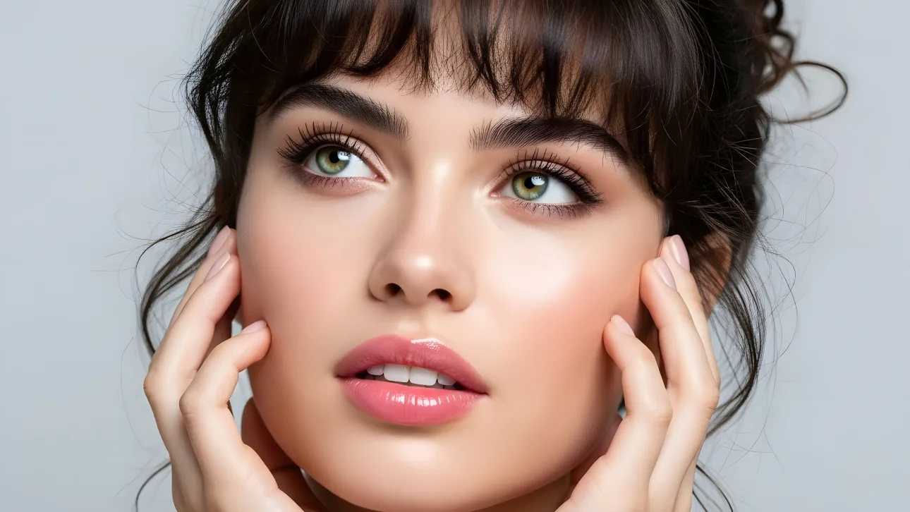 Enhance your project with this stunning image of a woman showcasing radiant skin. Perfect for high-end beauty and skincare campaigns.