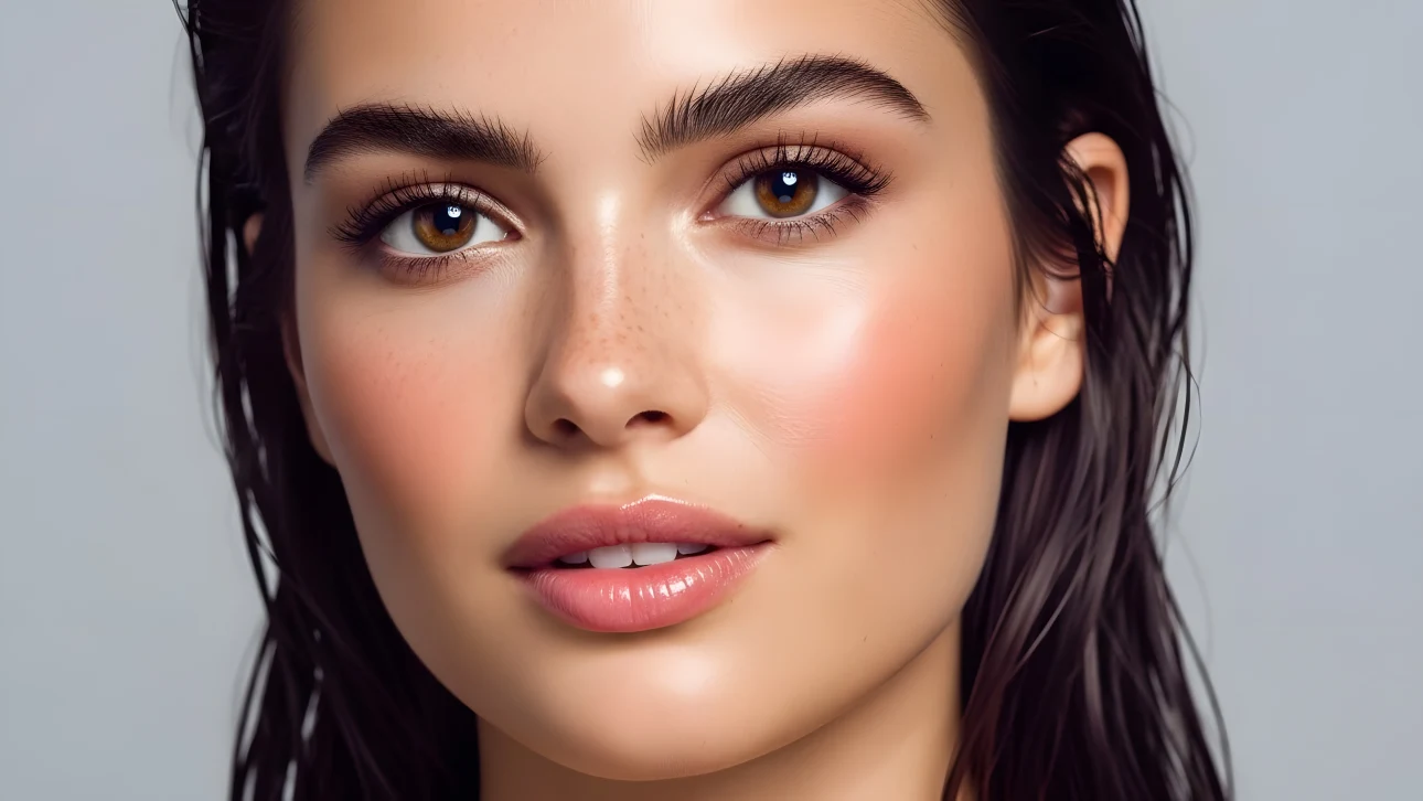 Elevate your designs with this portrait of a woman featuring subtle makeup and natural freckles. Ideal for beauty and skincare campaigns; ready for commercial projects.