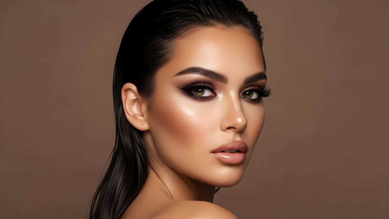 Elevate your designs with this striking beauty portrait featuring flawless makeup and captivating eyes. Perfect for high-fashion editorials and cosmetic branding.