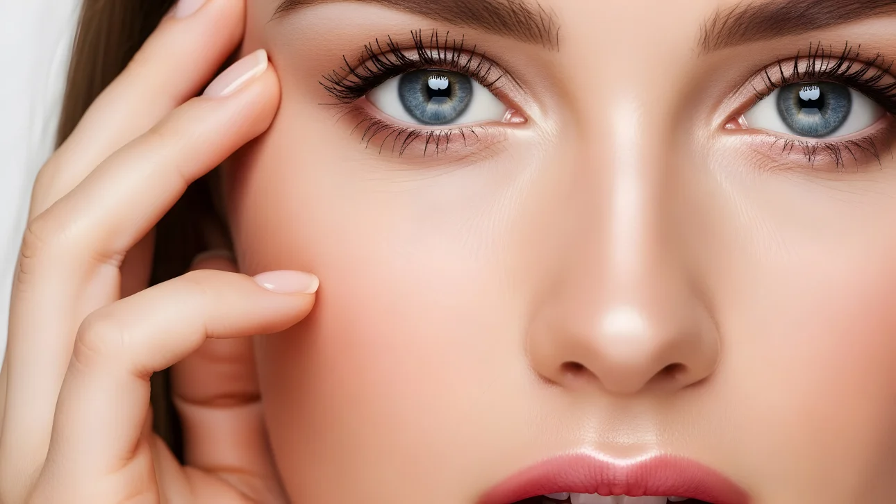 Enhance your project with this detailed portrait featuring captivating blue eyes and flawless skin. Perfect for high-end beauty and skincare campaigns.