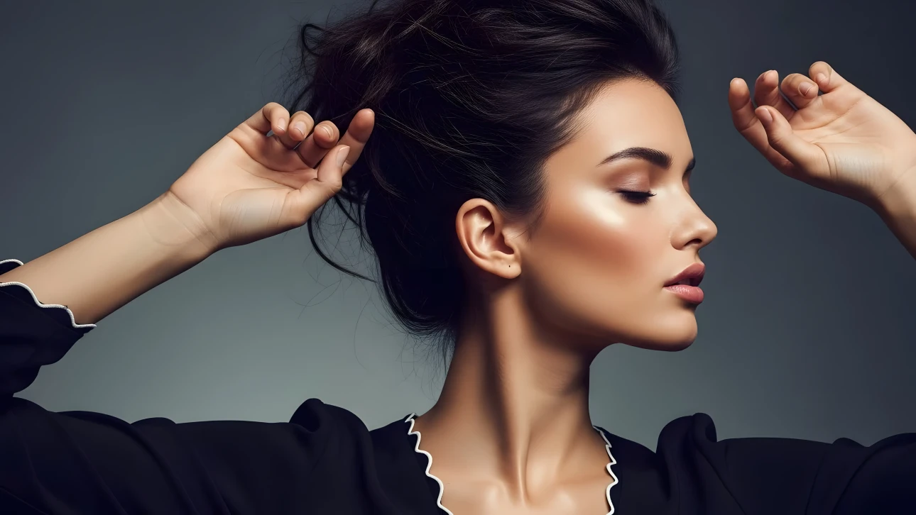 Elevate your project with this striking image of a woman in a classic pose, perfect for high-fashion editorial or beauty product campaigns. Ready for commercial use.