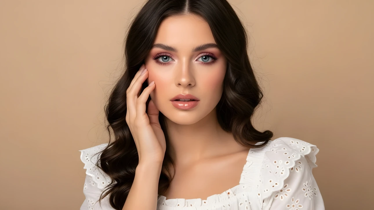 Elevate your project with this stunning portrait of a brunette woman featuring delicate pink makeup. Perfect for high-fashion editorials and beauty campaigns.