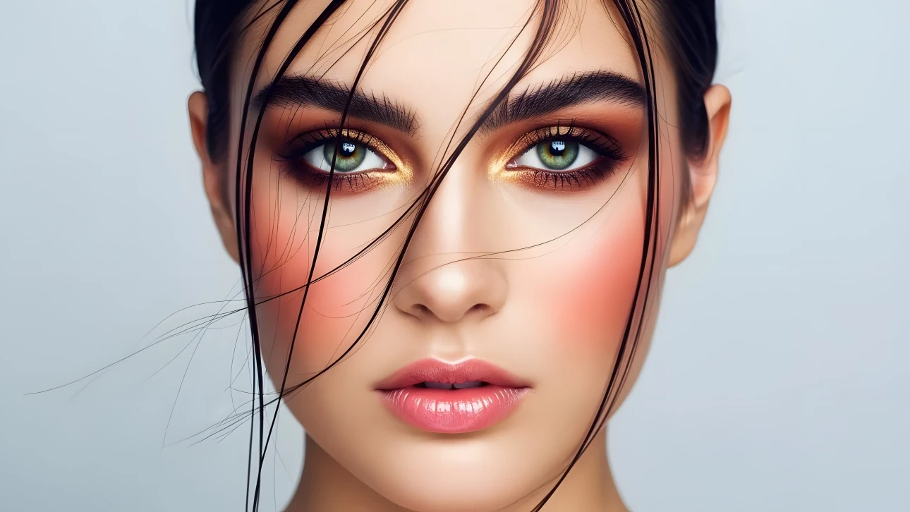 Elevate your beauty designs with this striking portrait. Featuring a woman with captivating green eyes and glossy lips, this image is perfect for high-end beauty campaigns.