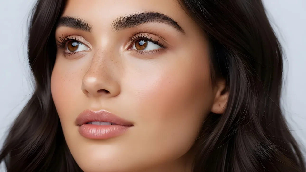 Elevate your project with this close-up of a beautiful woman featuring subtle freckles and soft makeup. Perfect for high-end beauty and skincare campaigns.