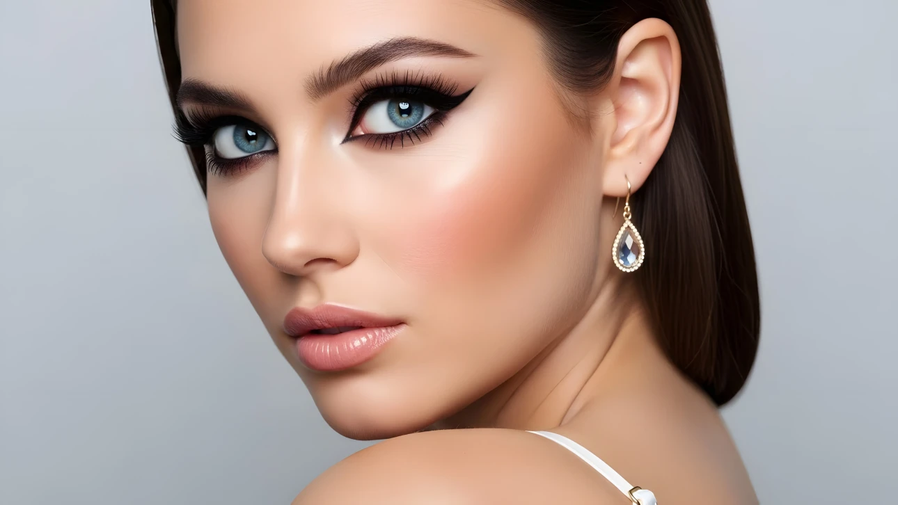 Elevate your designs with this close-up of a woman showcasing elegant makeup and jewelry. Perfect for high-fashion editorials and beauty brand campaigns.