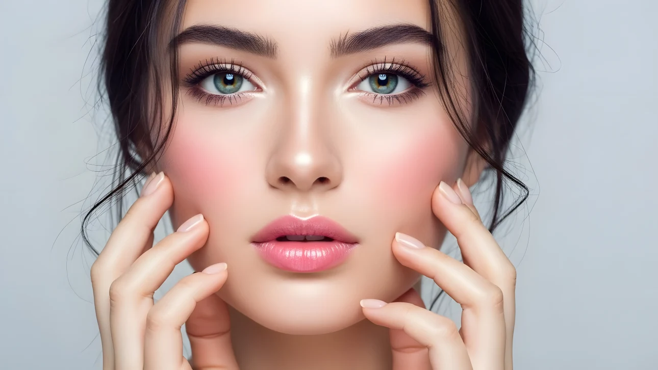 Enhance your beauty projects with this close-up of a woman's face, featuring flawless skin and delicate makeup. Perfect for high-end cosmetic campaigns.