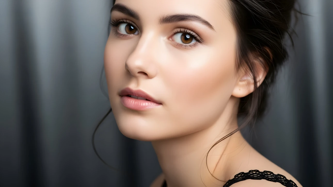 Elevate your project with this captivating portrait of a young woman, featuring soft lighting and a serene gaze. Perfect for high-end beauty and lifestyle campaigns.