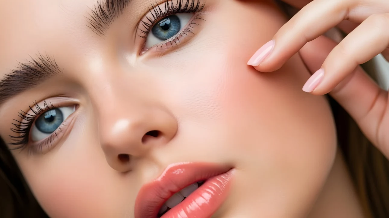 Enhance your projects with this close-up of a woman's face, highlighting her striking blue eyes and glossy lips. A premium design asset for beauty and fashion projects.