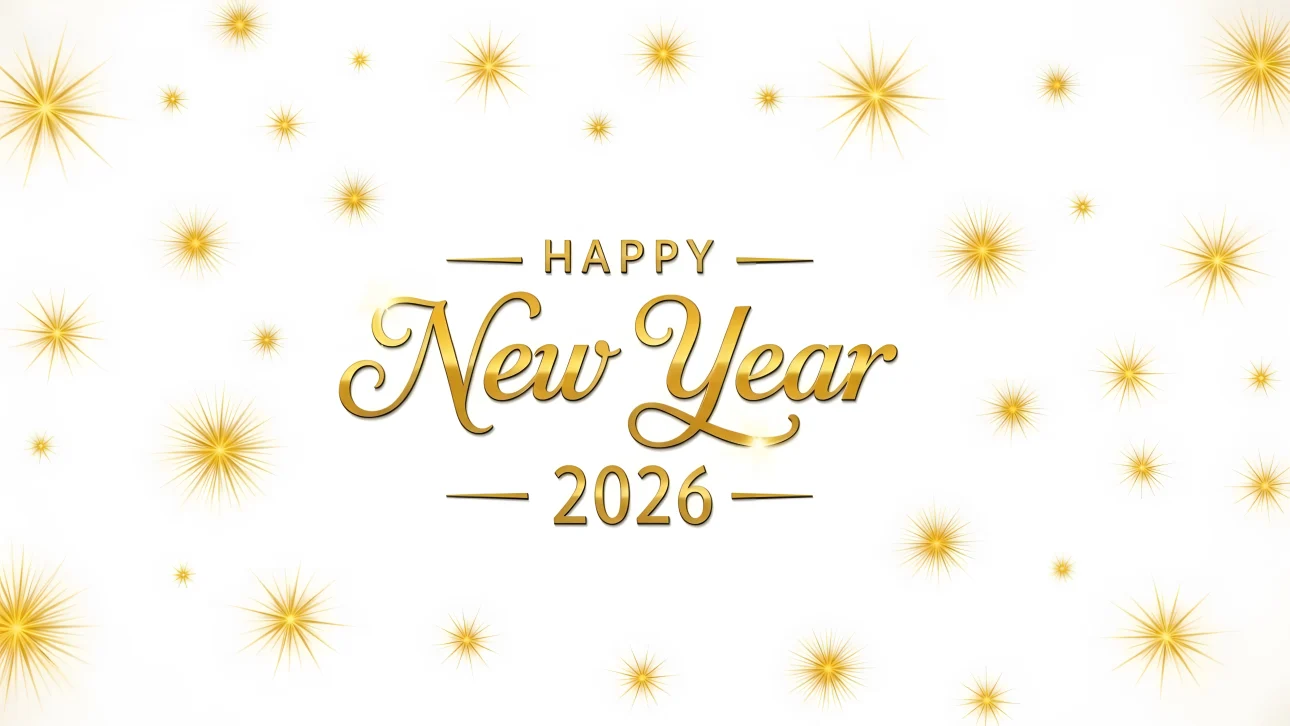 Golden 'Happy New Year 2026' text surrounded by radiant starbursts against a clean white background, conveying festive elegance.