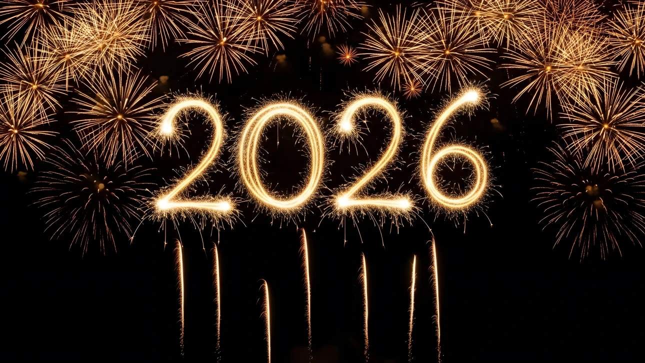 Elevate your designs with this 2026 sparkler illustration featuring festive fireworks. Perfect for New Year's Eve promotions, offering a celebratory and premium design asset.