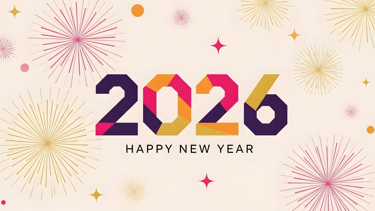 Elevate your holiday designs with this 2026 New Year illustration featuring geometric shapes and fireworks. Perfect for festive digital marketing assets.