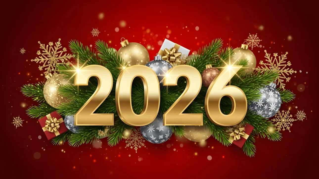 Celebrate 2026 with this festive illustration featuring golden numbers, ornaments and pine branches. Perfect digital graphic for holiday promotions and seasonal designs.