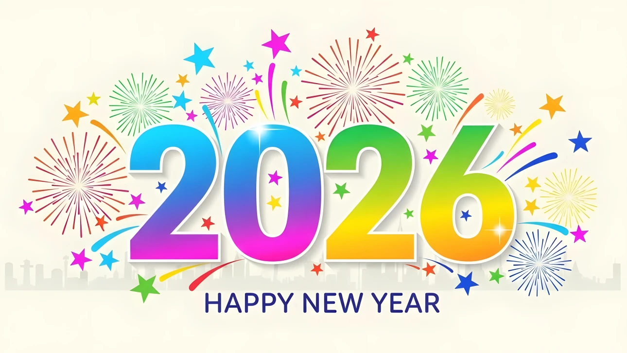 Elevate your holiday designs with this vibrant 2026 New Year illustration featuring festive fireworks. Perfect for creating eye-catching greeting cards and digital promotions.