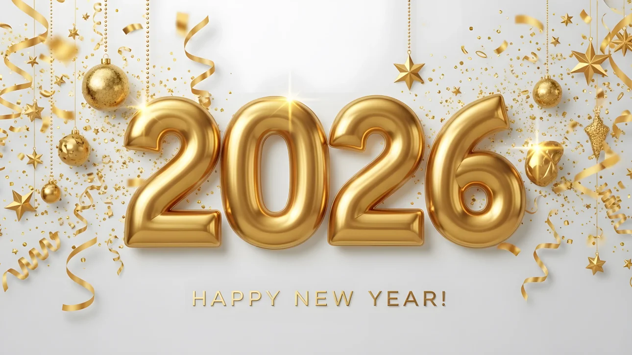 Elevate your designs with this premium 2026 New Year illustration featuring golden ornaments and confetti. Perfect for high-end branding and festive promotions.
