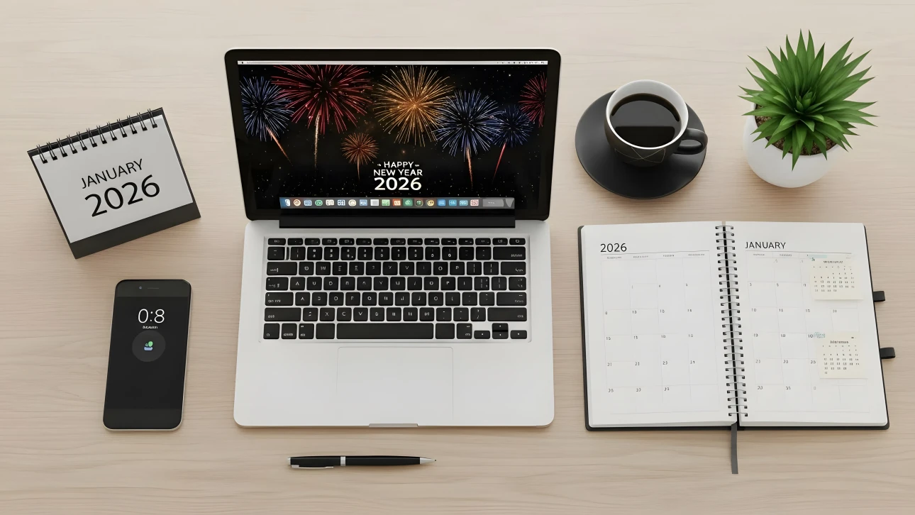 Elevate your content with a modern desk setup featuring a laptop displaying New Year's fireworks. Perfect for high-impact seasonal campaigns.