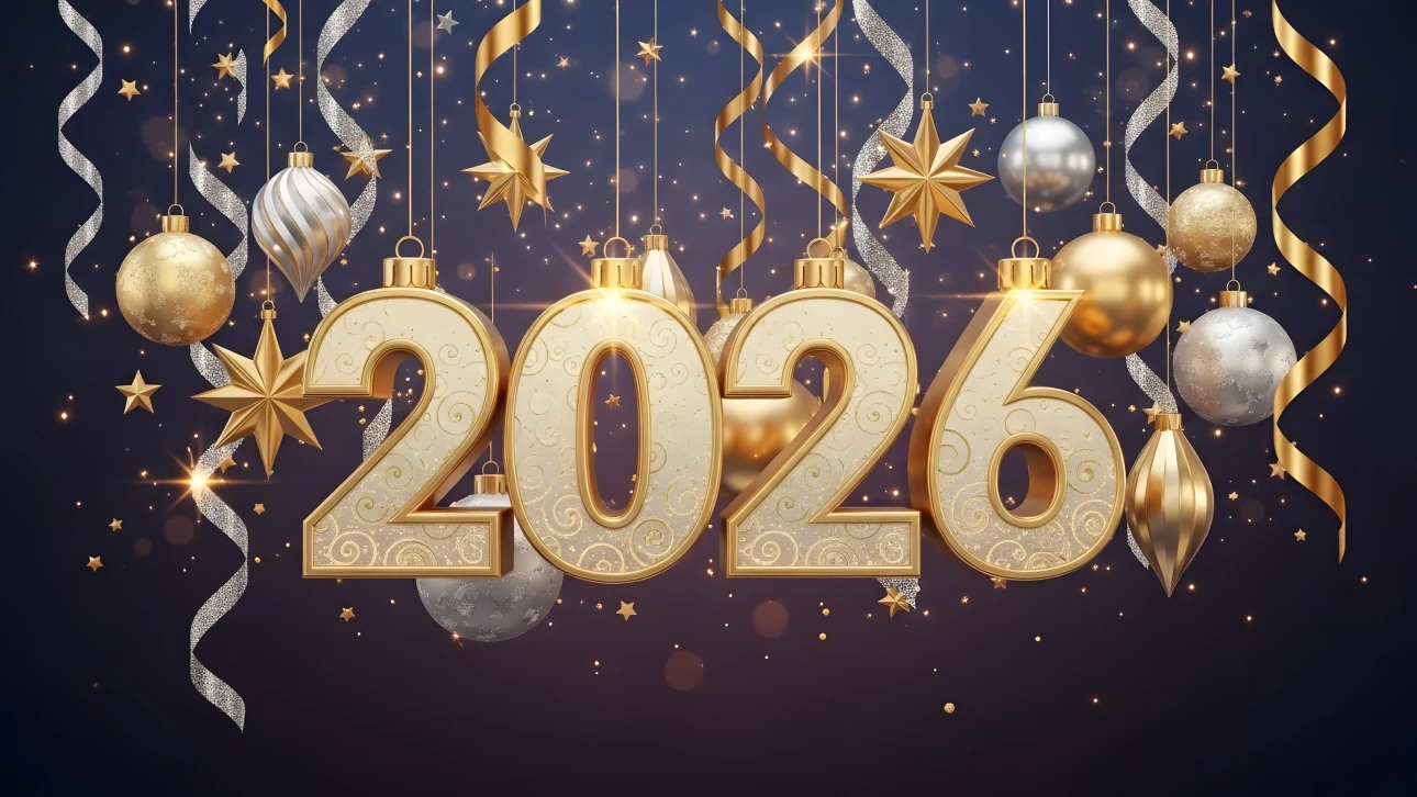Elevate your festive designs with this 2026 New Year illustration featuring elegant gold ornaments. Perfect for high-resolution holiday campaigns and premium greeting cards.
