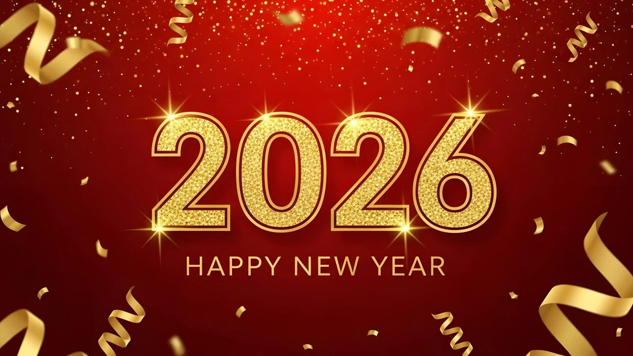 Elevate your New Year designs with this shimmering 2026 illustration featuring festive gold confetti and ribbons. Perfect for high-end branding.