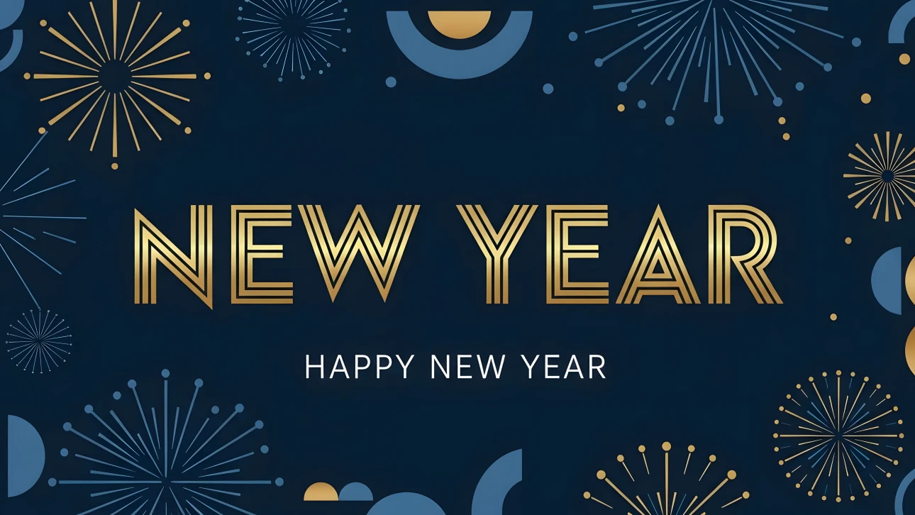 Elevate your seasonal designs with this festive New Year illustration featuring gold text and fireworks. Perfect for high-end holiday promotions.