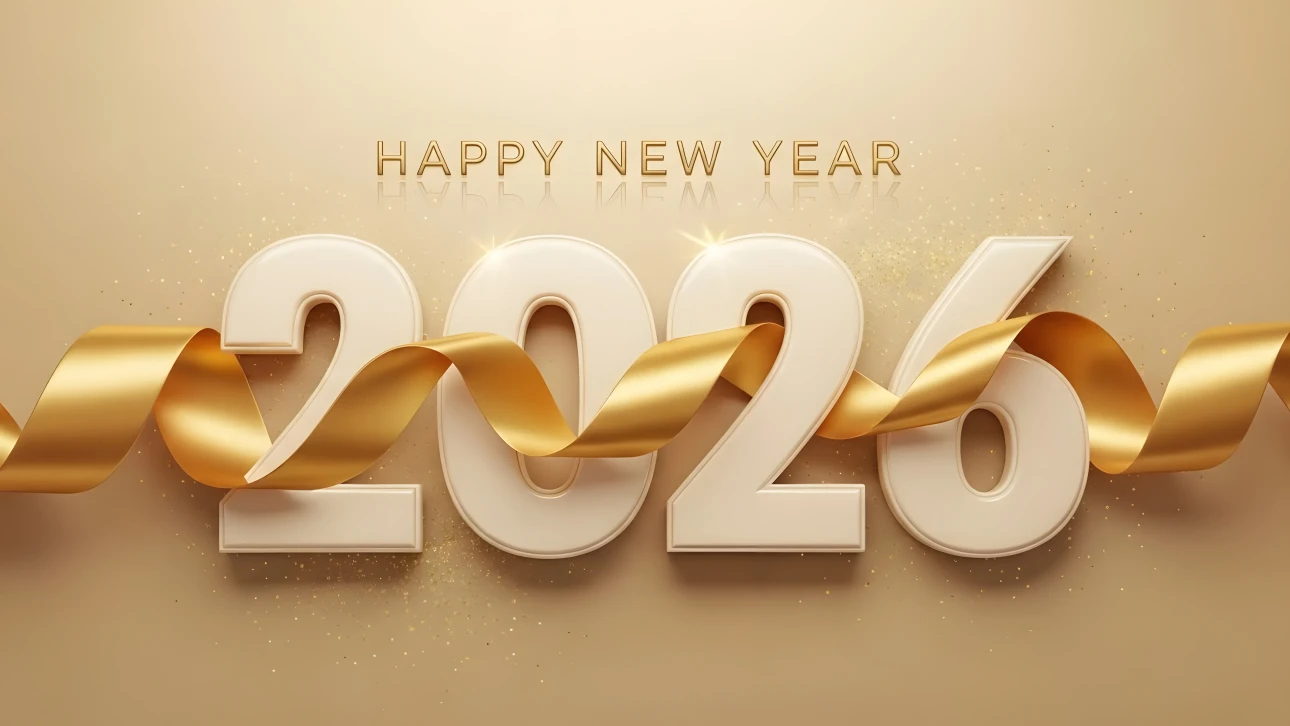 Elevate your designs with this 2026 New Year illustration featuring a golden ribbon. Perfect for premium holiday cards and festive digital promotions.