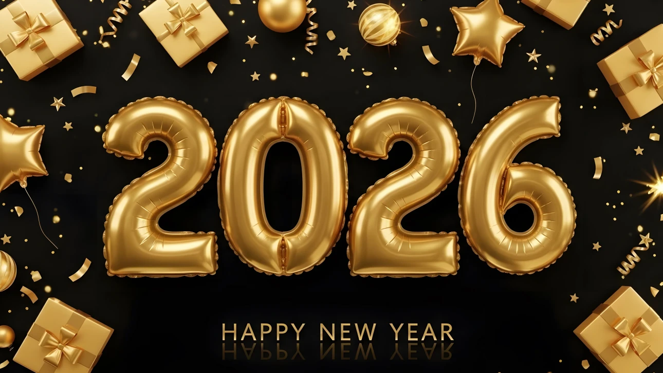 Elevate your New Year designs with this premium graphic featuring golden 2026 balloons and gifts. Perfect for high-end branding and festive campaigns.