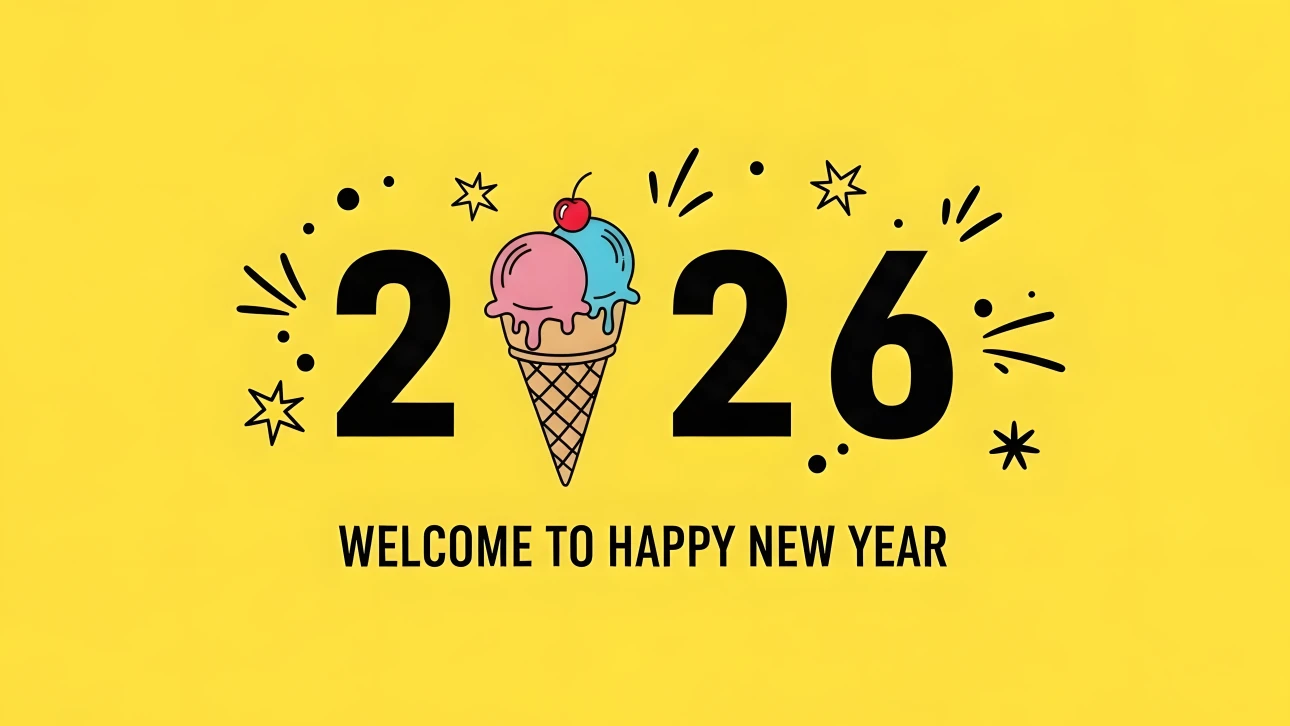 Elevate your New Year designs with this fun 2026 illustration featuring an ice cream cone. Premium design asset ready for instant commercial use.