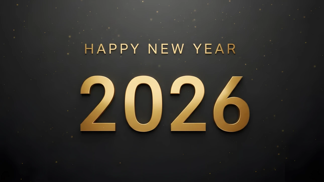Elevate your holiday designs with this premium 2026 New Year illustration featuring golden text on a dark backdrop. Perfect for high-end branding.