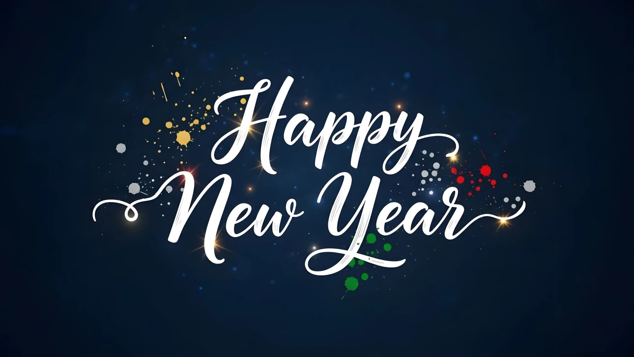 Elevate your New Year designs with this elegant calligraphy featuring vibrant paint splatters. Perfect for festive greeting cards and digital promotions.