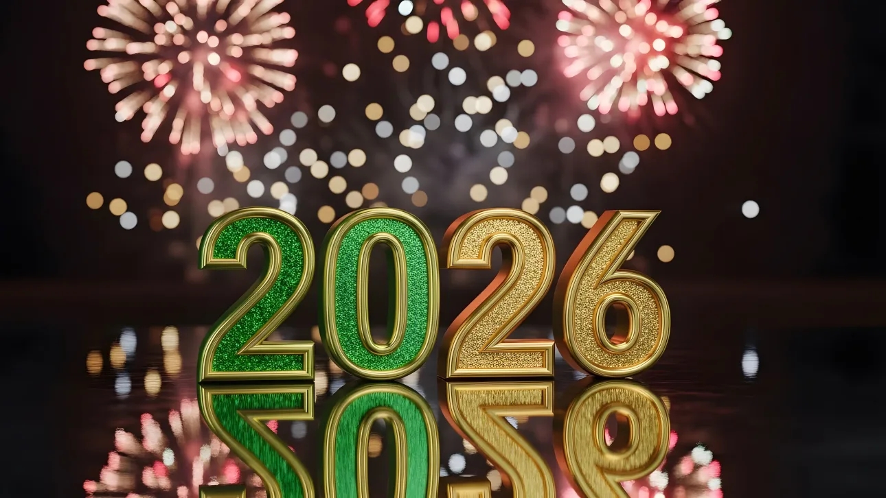 Elevate your New Year designs with this 2026 illustration featuring celebratory fireworks. Perfect for premium holiday cards and digital marketing campaigns.