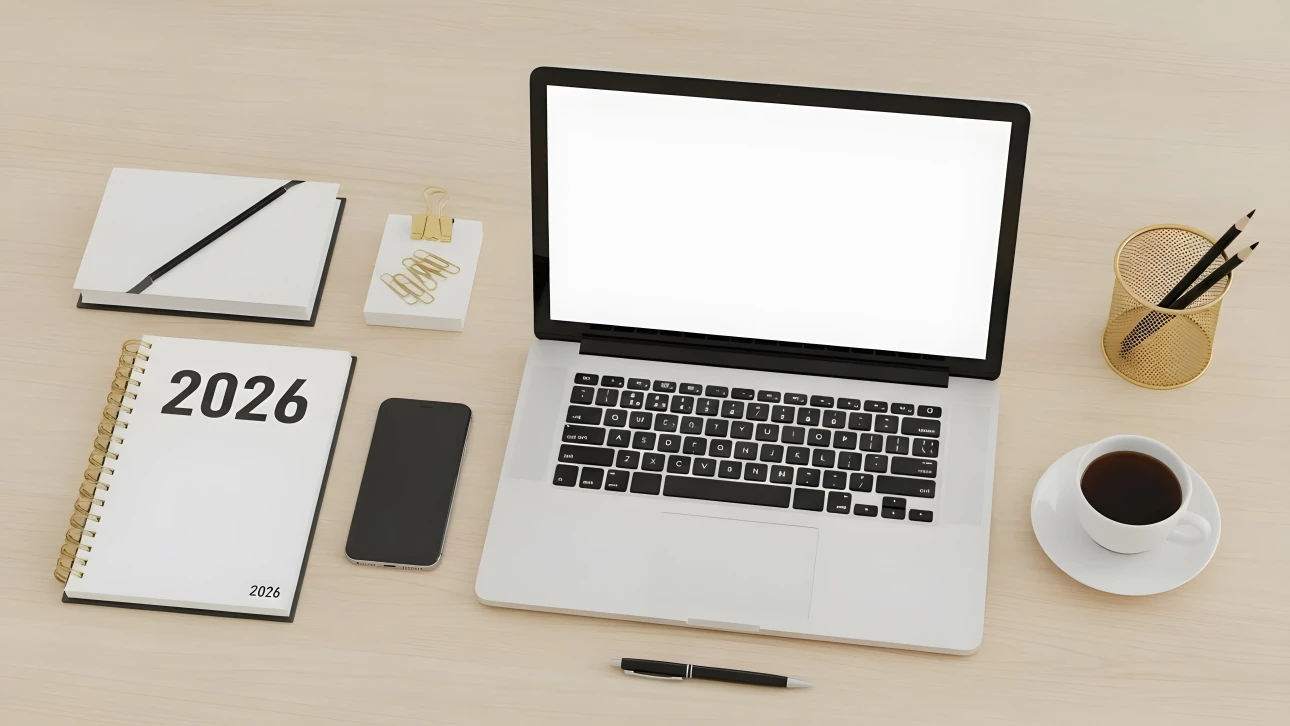 Elevate your productivity with this clean desk setup featuring a laptop, 2026 planner, and coffee. Perfect for modern workspace designs.