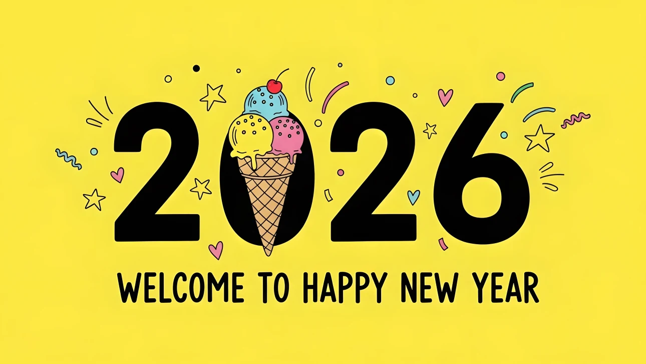 Elevate your designs with this whimsical 2026 New Year illustration featuring a colorful ice cream cone. Premium design asset ready for instant commercial use.