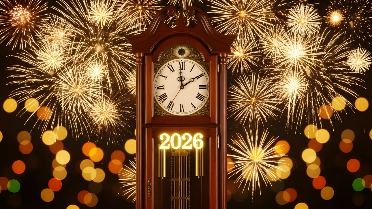 Capture the excitement of 2026 with this striking image featuring a classic clock and vibrant fireworks. Ideal for celebratory designs and event promotions.
