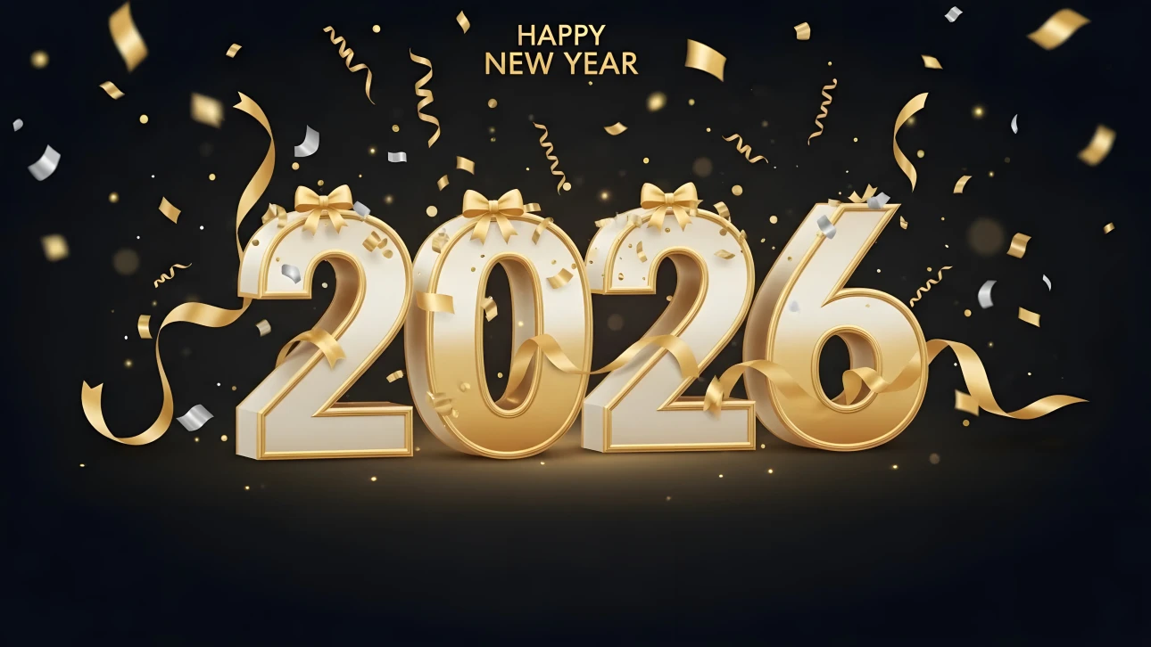 Elevate your New Year designs with this 2026 illustration featuring gold ribbons and confetti. Perfect for premium holiday promotions and elegant seasonal greetings.