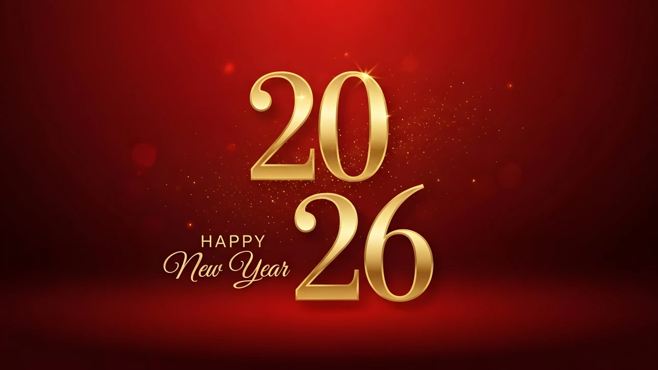 Elevate your holiday designs with this luxurious 2026 New Year illustration featuring golden typography and sparkling details. Perfect for high-end branding.