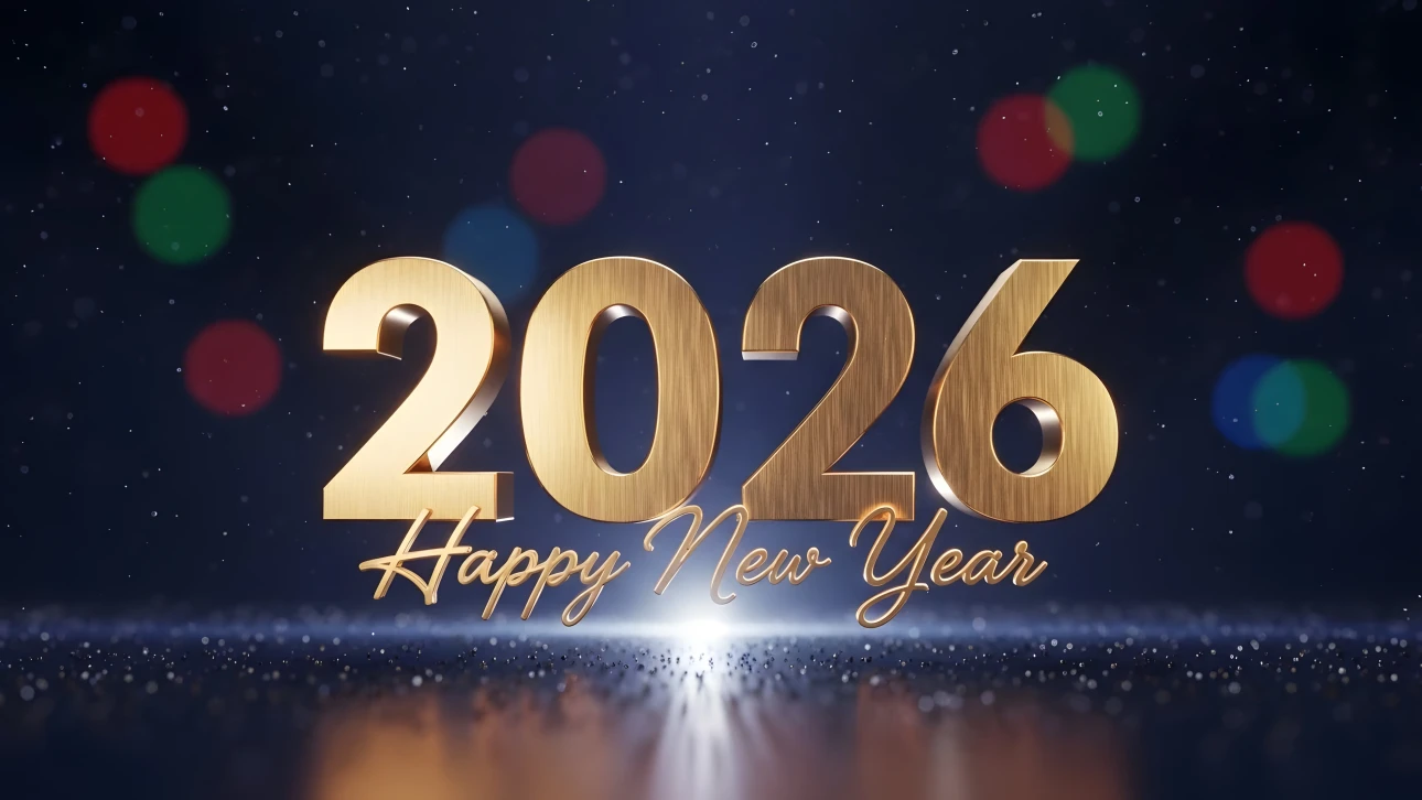 Golden '2026 Happy New Year' text with bokeh lights on a dark blue background, creating a festive atmosphere.