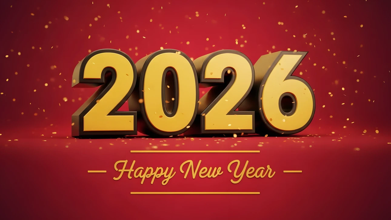 2026 New Year design featuring golden numbers and confetti on a vibrant red background, conveying festive celebration.