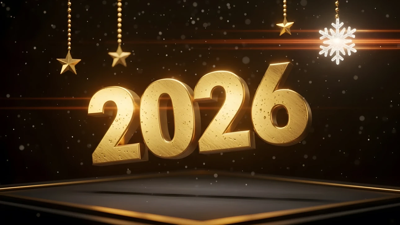 Golden '2026' with hanging star and snowflake ornaments on a dark background, representing the New Year celebration.