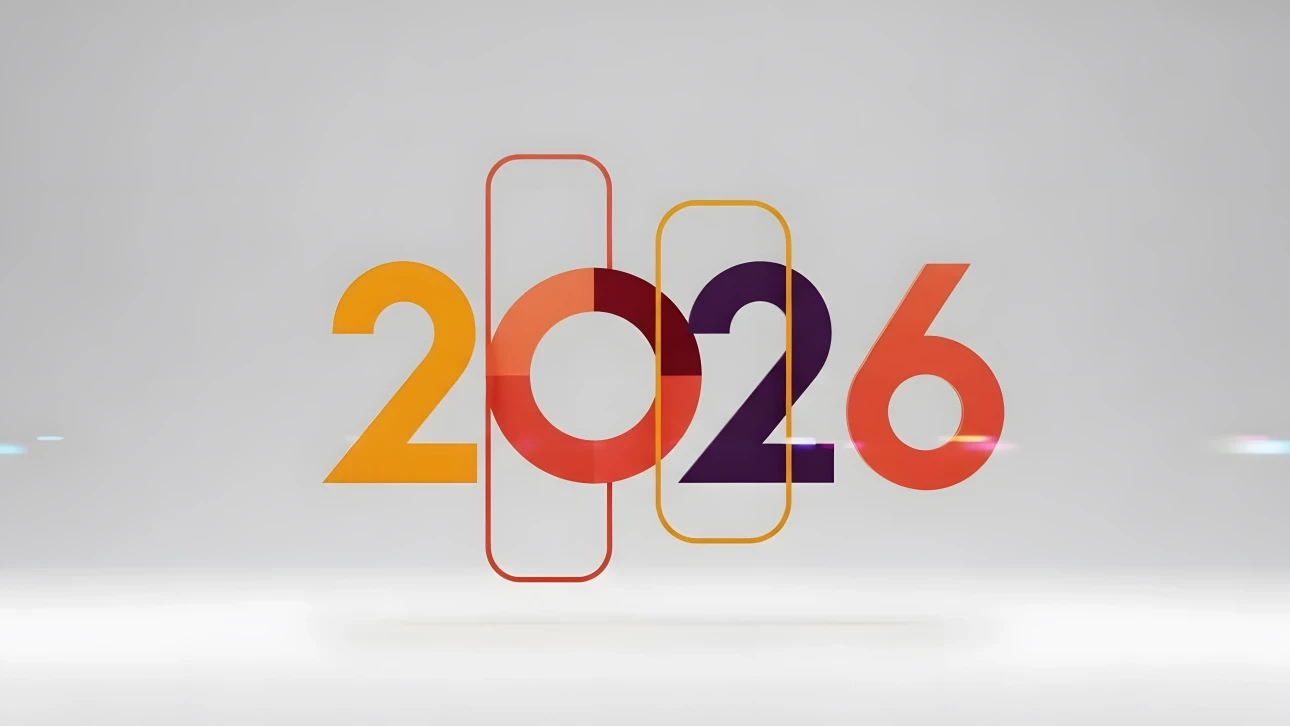 Colorful graphic displaying the year 2026 with modern geometric shapes on a clean white background.