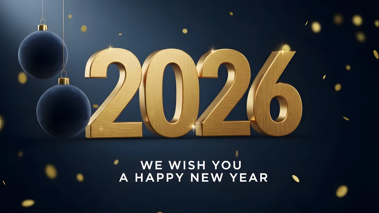 Golden 2026 New Year design with hanging baubles and confetti against a dark blue background.