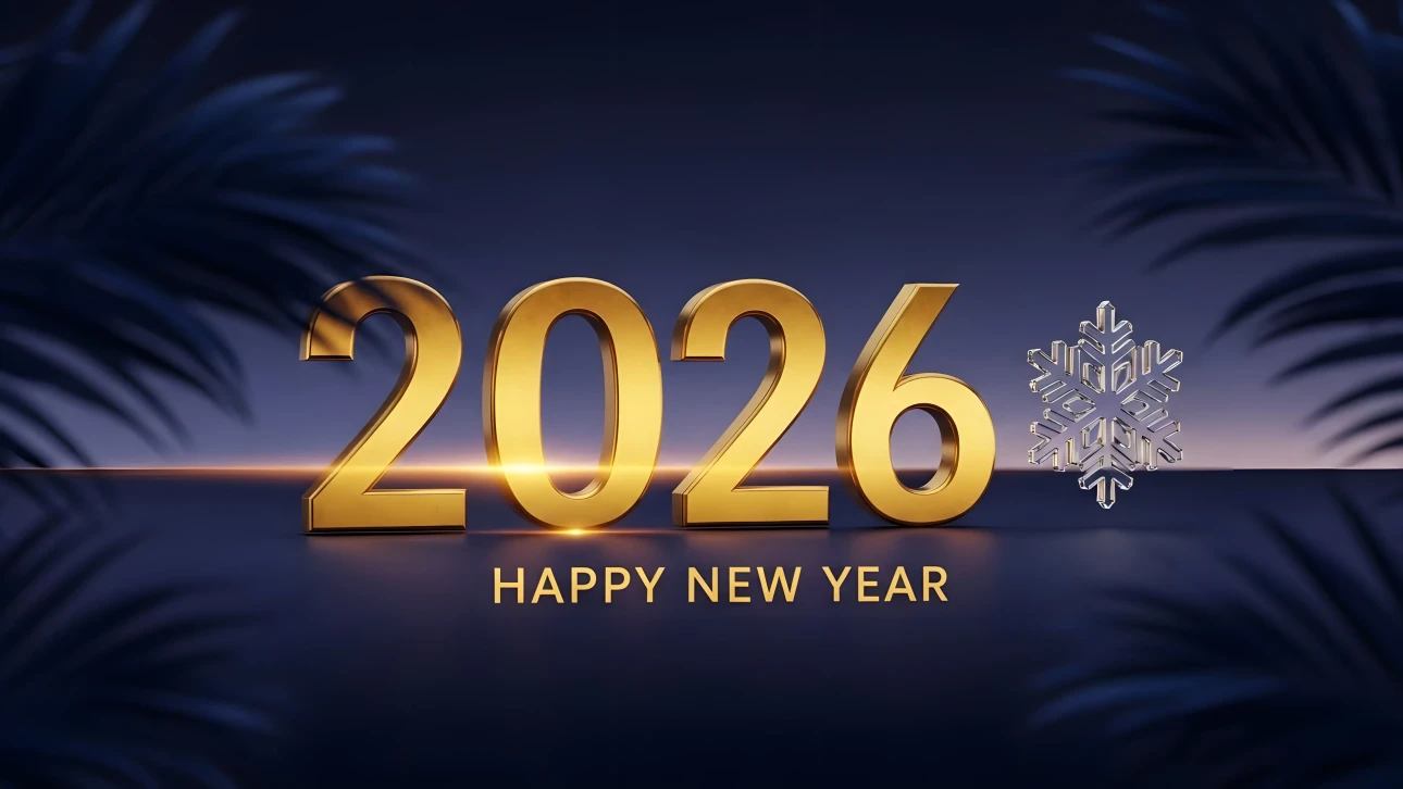 Golden 2026 New Year design with a crystal snowflake against a dark blue backdrop featuring palm leaf shadows.
