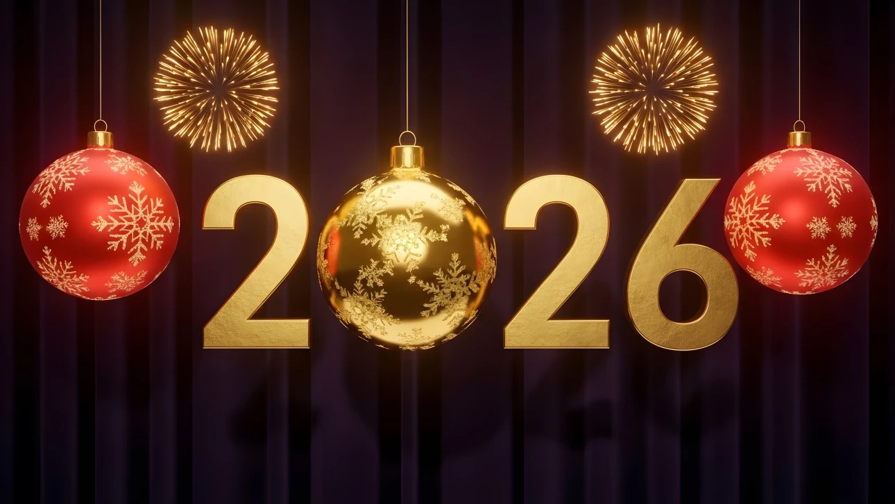 2026 New Year illustration featuring golden numbers, red and gold Christmas ornaments, and a dark curtain backdrop.