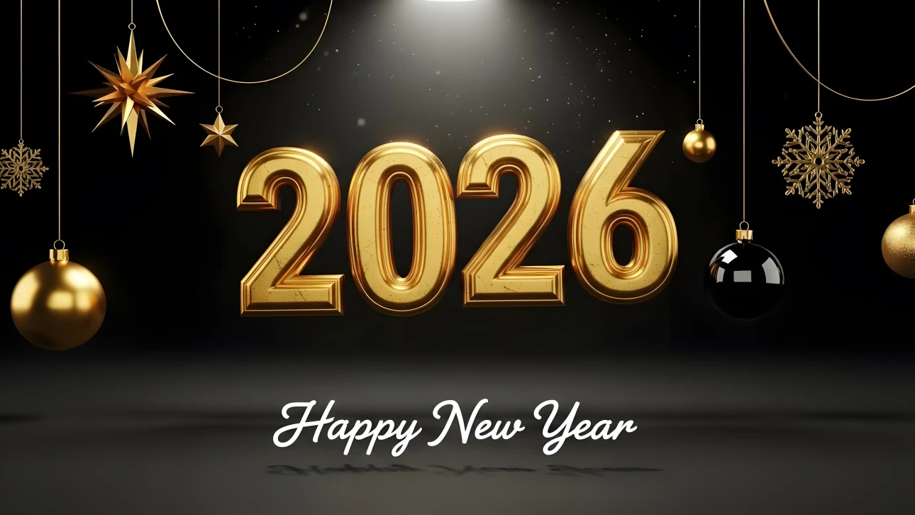 Golden '2026' with ornaments and snowflakes, illuminated by a spotlight on a dark background for New Year's celebrations.